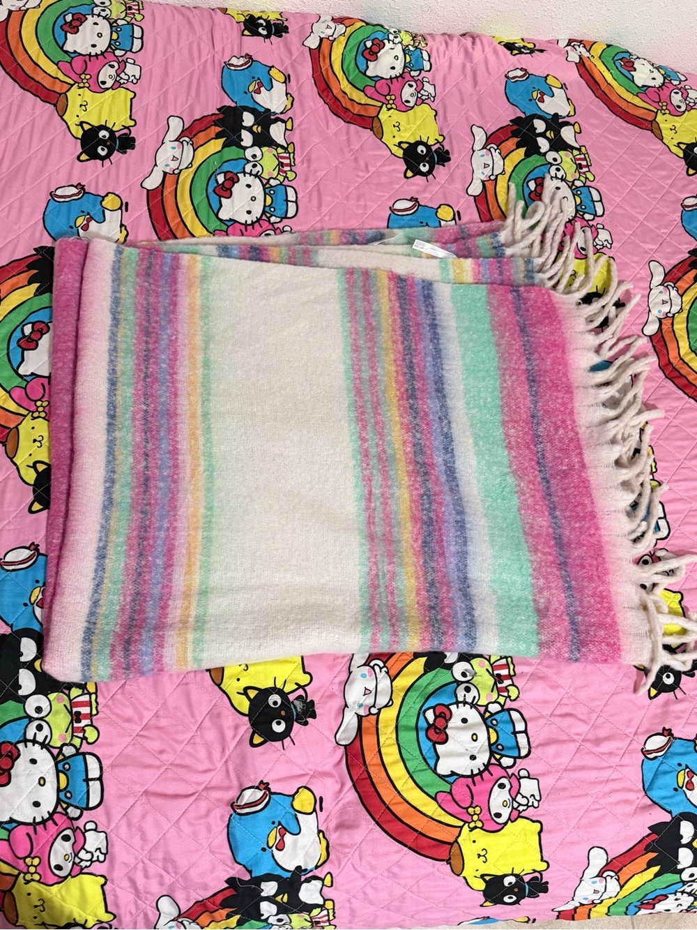Free People Pastel Striped Fringe Throw - Pink, Mint, Lavender & Cream nwt